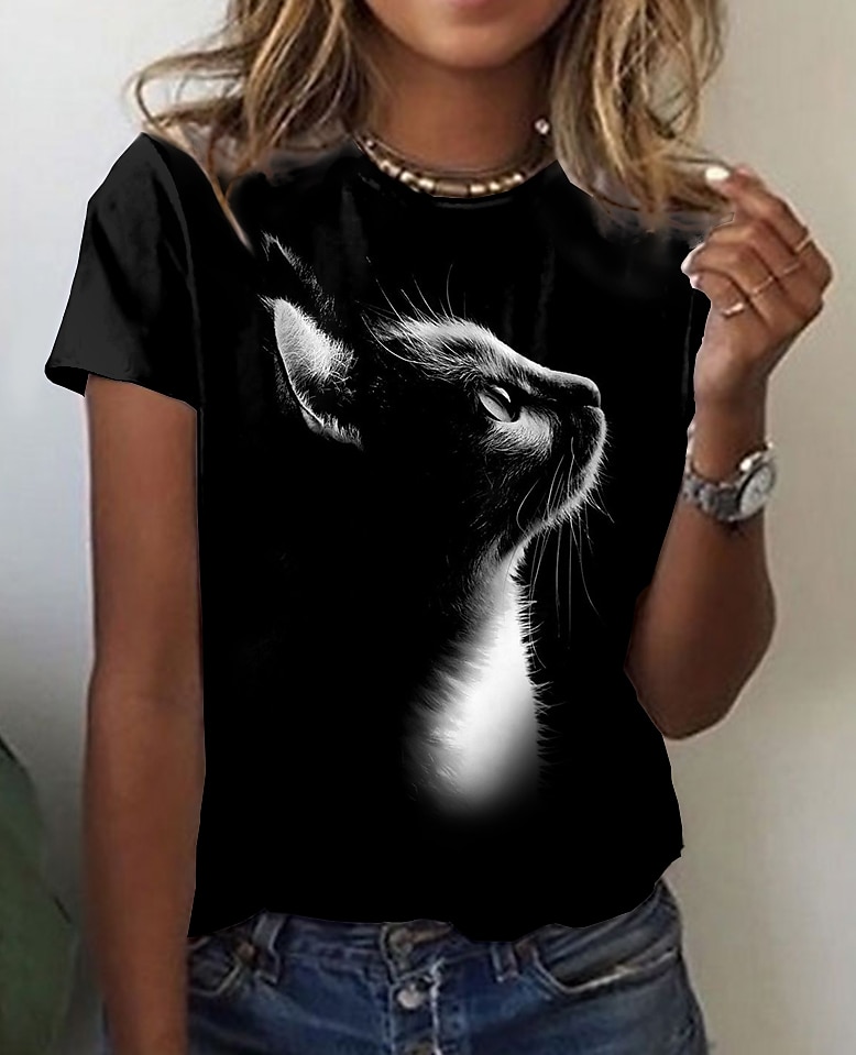 dámské tričko basic cat print krátký rukáv běžné topy kulatý výstřih denní víkend černé léto 2025 - $19.99 –P1