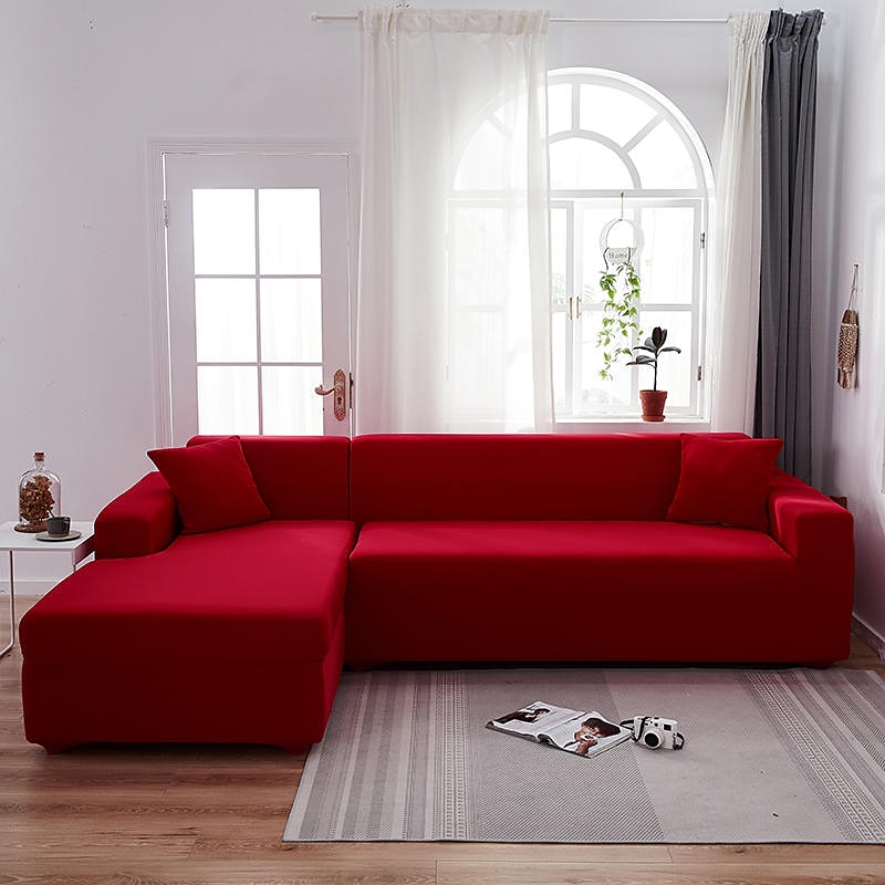 Pure Color Solid Stretch Slipcover Spandex Jacquard Non Slip Soft Couch Sofa Cover With One Free Boster Case Washable Burgundy Red Furniture Protector with Non Skid Foam and Elastic Bottom for Kids 2025 - $84.51 –P7