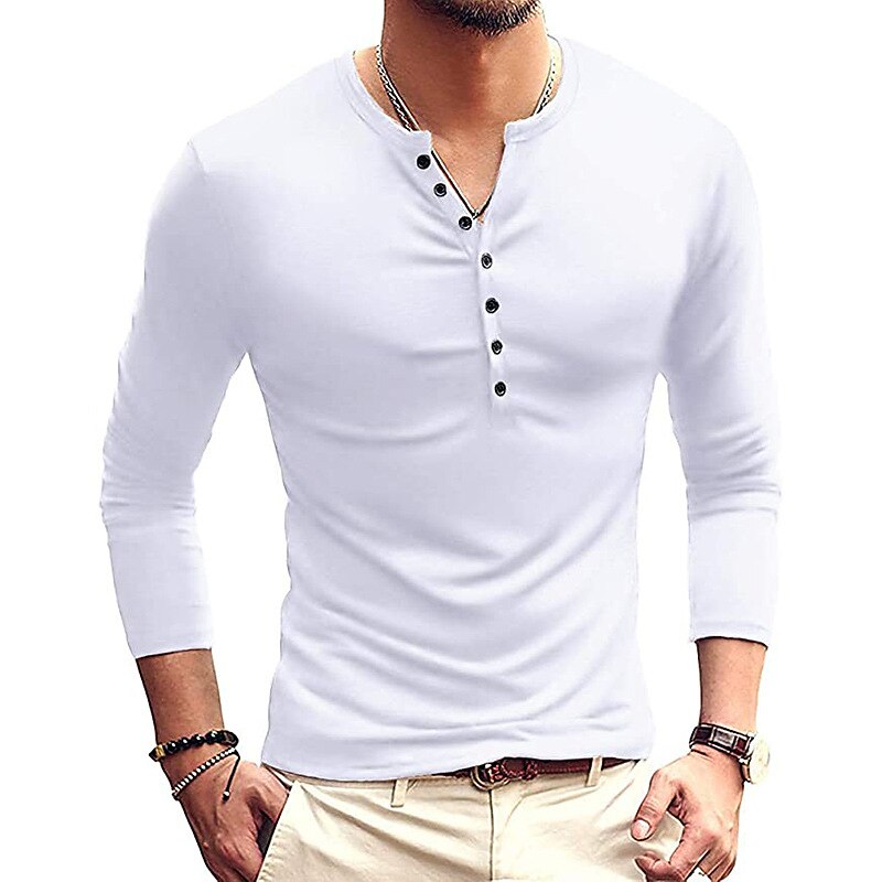 Herren T-Shirt mit Knöpfen T Shirt Langarmshirt Langarm Stehkragen Frühling & Herbst Einfach Leicht Klassisch Lässig Button-Down Urlaub Lässig Ferien Wein Schwarz Weiß Top T-Shirt für Herren 2025 - $22.99 –P5