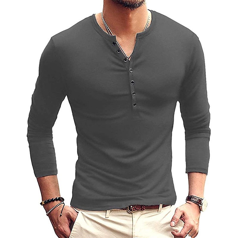 Herren T-Shirt mit Knöpfen T Shirt Langarmshirt Langarm Stehkragen Frühling & Herbst Einfach Leicht Klassisch Lässig Button-Down Urlaub Lässig Ferien Wein Schwarz Weiß Top T-Shirt für Herren 2025 - $22.99 –P11