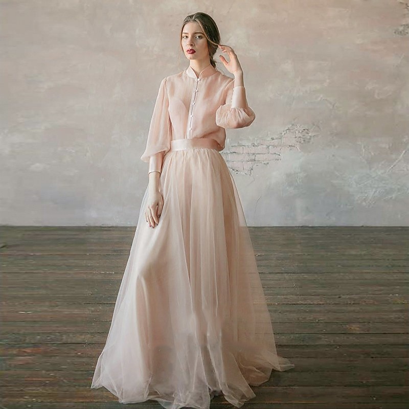 Zweiteiliges Abschlussballkleid Empire Kleid Hochzeitsgast Formelles Abendkleid Bodenlang Lange Ärmel Stehkragen Chiffon mit Knöpfen Stufen 2025 - $145.99 –P1