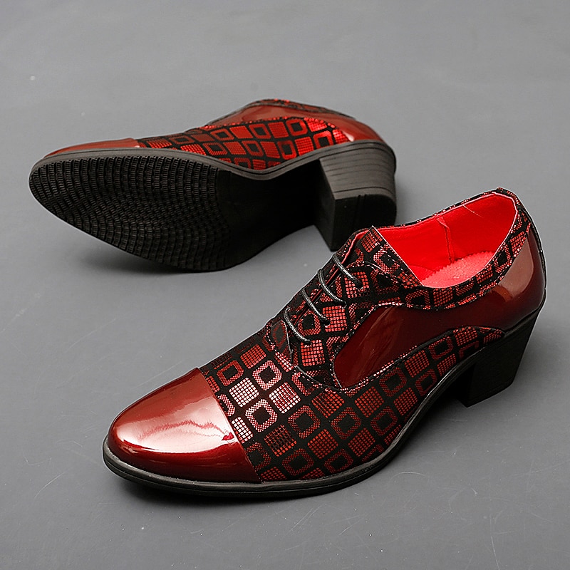 Heren rode en zwarte lakleren Oxford schoenen met blokhak en geometrische print – formele feest- en dansschoenen 2026 - $59.99 –P3