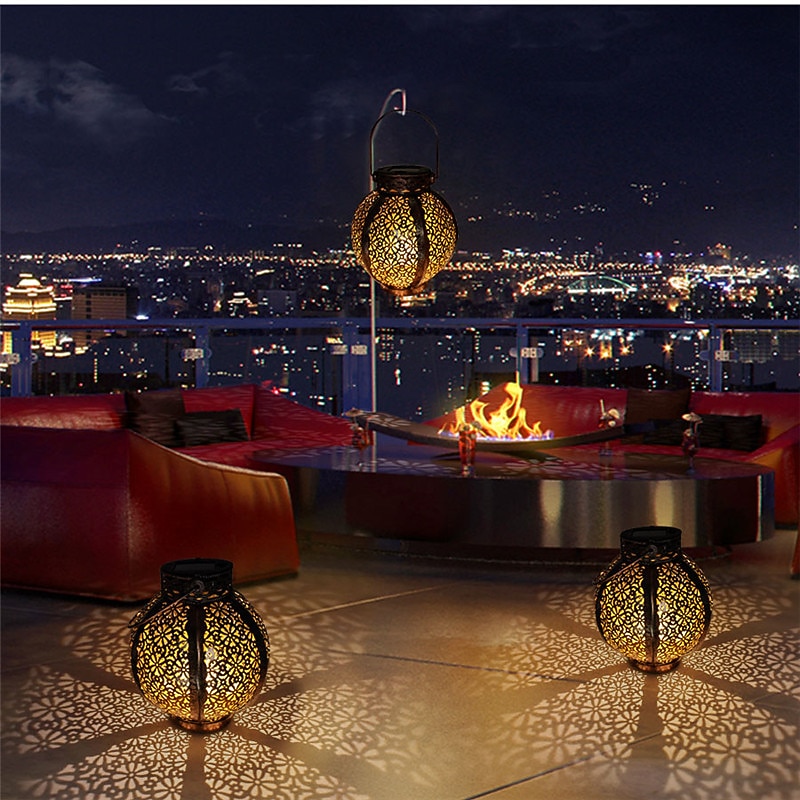 ramadan eid lys solcellelys utendørs hengende solcelle vintage hagelampe retro lanterner hule solcellelys med håndtak for hage tre gjerde terrasse landskap krans belysning 2026 - $38.99 –P7