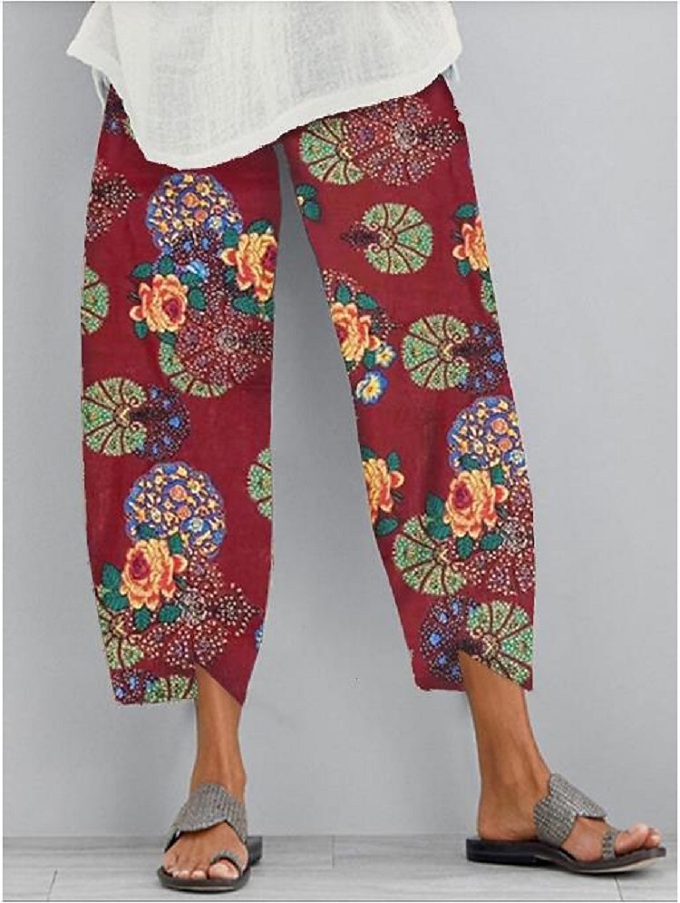 Women's Chinos Slacks Pants Trousers Ankle-Length Cotton Blend Baggy Print Micro-elastic Mid Waist Hawaiian Ethnic Style Casual Daily Yellow Red S M Summer Spring &  Fall 2023 - US $19.99 –P1