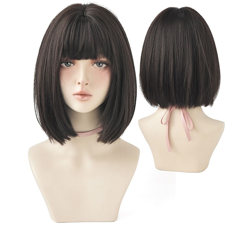 perucas marrons para mulheres peruca curta preta para menina peruca sintética de uso diário novo estilo peruca resistente ao calor de verão flexível natural com franja perucas de festa de natal de 2025 por $19.99 –P6