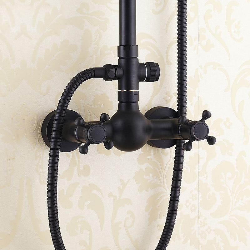 antikt duschsystem blandare combo set, 8" regndusch huvudsats med handdusch väggmonterad, mässing koppar svart elektropläterad finish vintage stil 2 handtag 3 håls badblandare med kroppssprayer 2025 - $372.59 –P10