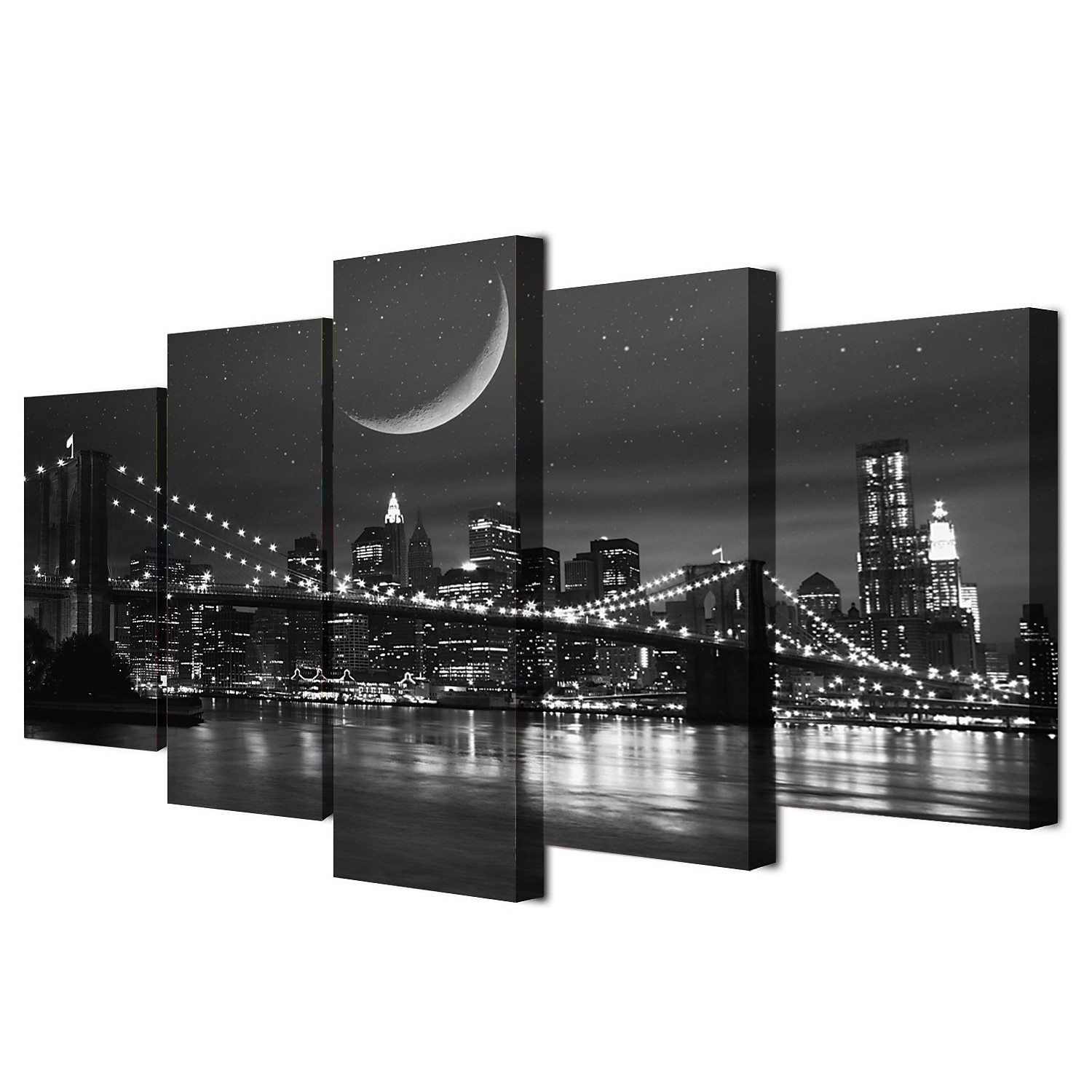 5 panneaux toile imprimée tableau déco art mural affiches/image  nuit pont paysage urbain horizon décoration de la maison décor toile roulée sans cadre sans cadre non étiré de 2026 ? $23.99 –P2