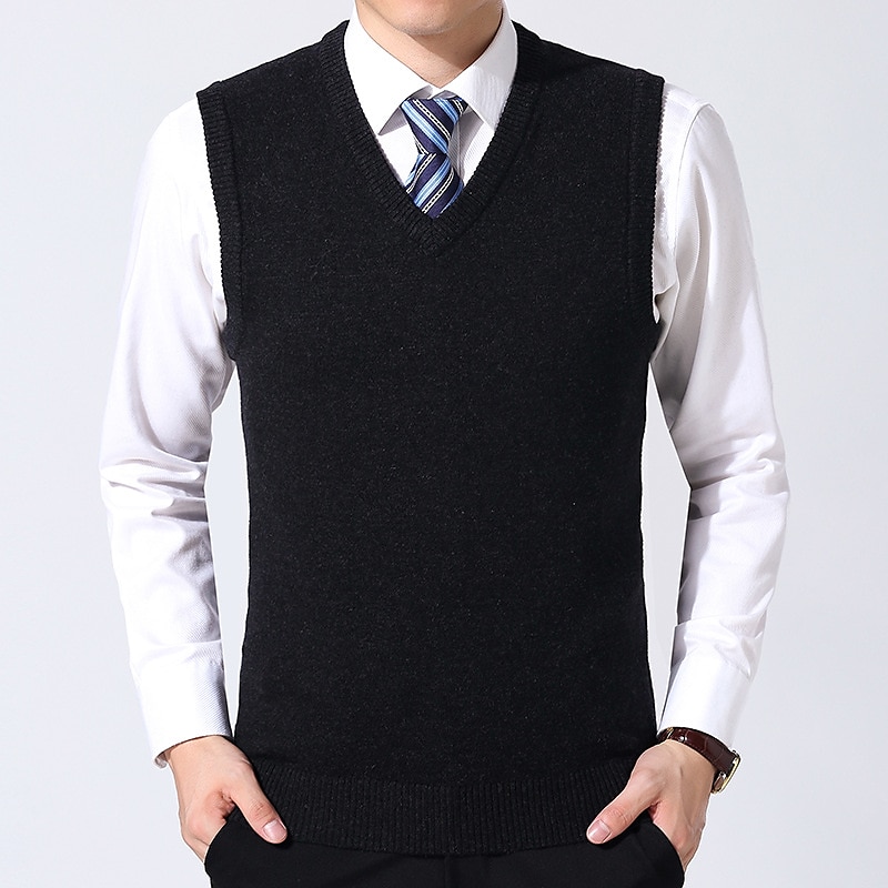 Men's Sweater Vest Dress Sweater Wool Sweater Pullover Sweater Jumper Ribbed Knit Knitted Solid Color V Neck Business Keep Warm Work Daily Wear Clothing Apparel Sleeveless Spring & Fall Camel Black 2025 - $27.99 –P4