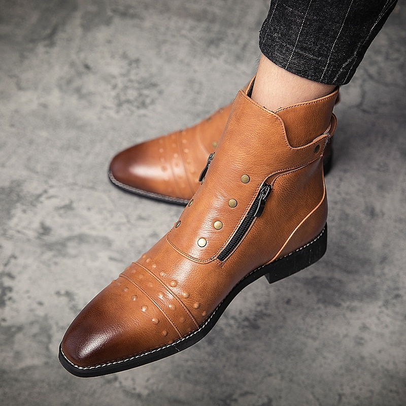 stivaletti da uomo in similpelle rossa – stile vintage con cerniera e dettagli borchiati, perfetti per la moda motociclistica e casual del 2025 a $79.99 –P2