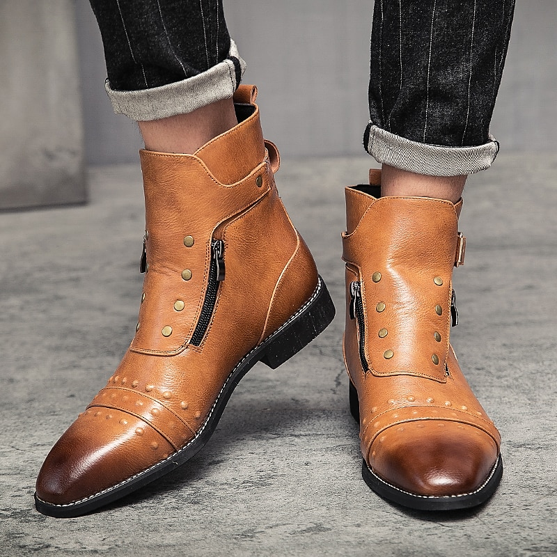 stivaletti da uomo in similpelle rossa – stile vintage con cerniera e dettagli borchiati, perfetti per la moda motociclistica e casual del 2025 a $79.99 –P5