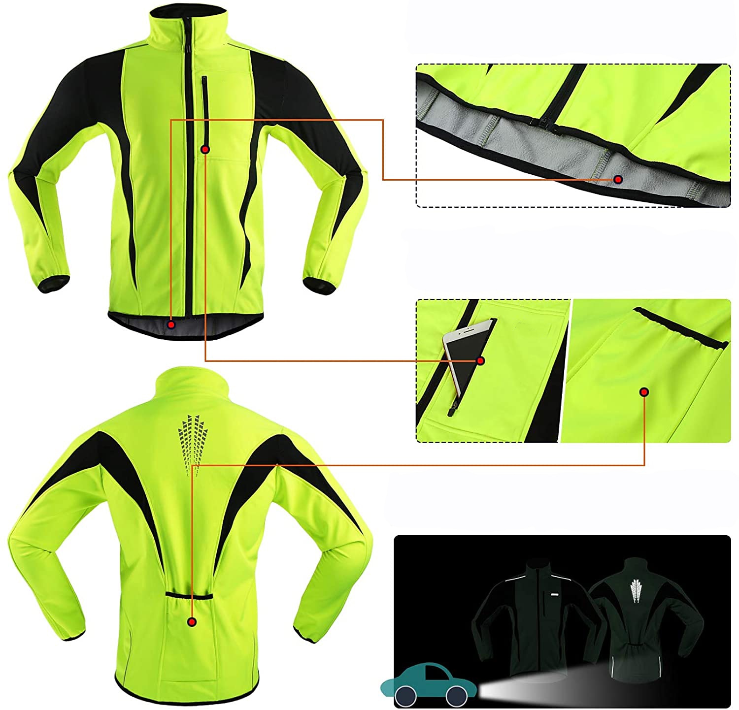 Arsuxeo Herre Sykkeljakke Sykkel Jakke / Sommer Fleecejakker / Fleecer / Topper Vindtett, Hold Varm, Pustende Stribe Polyester, Spandex, Fleece Vinter Oransje / Rød / Lys Grønn Veisykling Komfortabel 2025 - $41.99 –P5