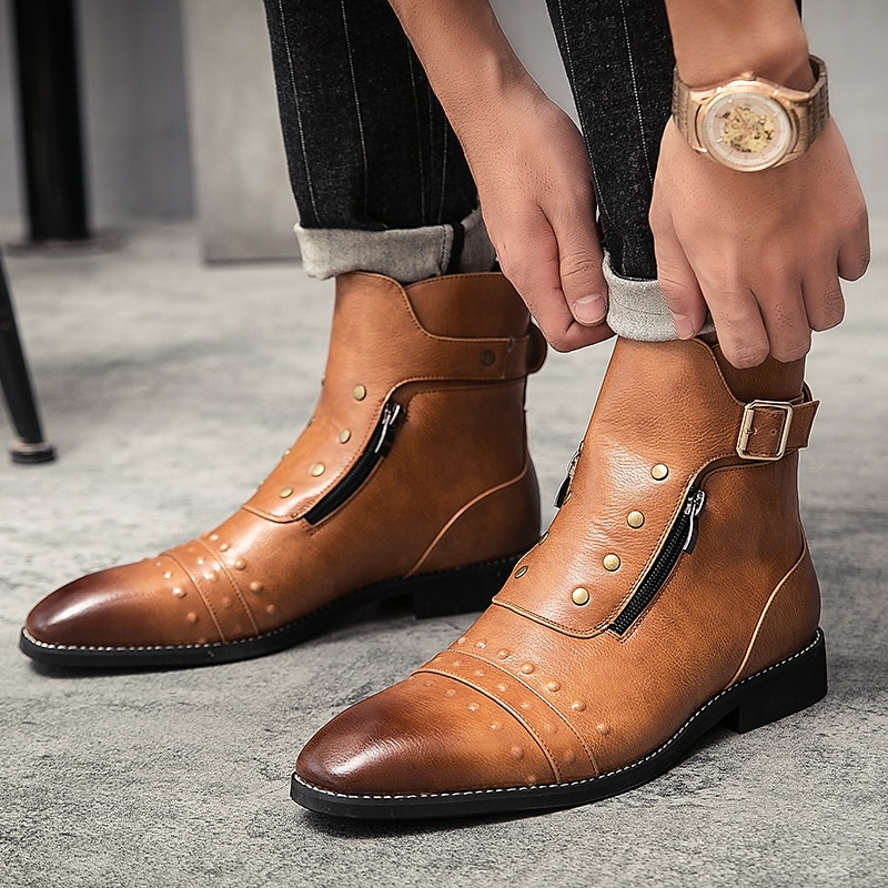 stivaletti da uomo in similpelle rossa – stile vintage con cerniera e dettagli borchiati, perfetti per la moda motociclistica e casual del 2025 a $79.99 –P7