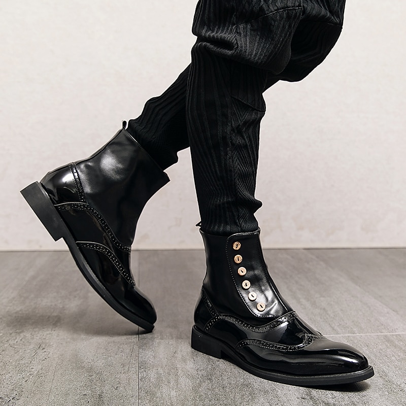 Men's Vintage Green Leather Button Boots - Stylish Wingtip Brogue Ankle Boots with Patent Leather Finish 2025 - GBP £44 –P3