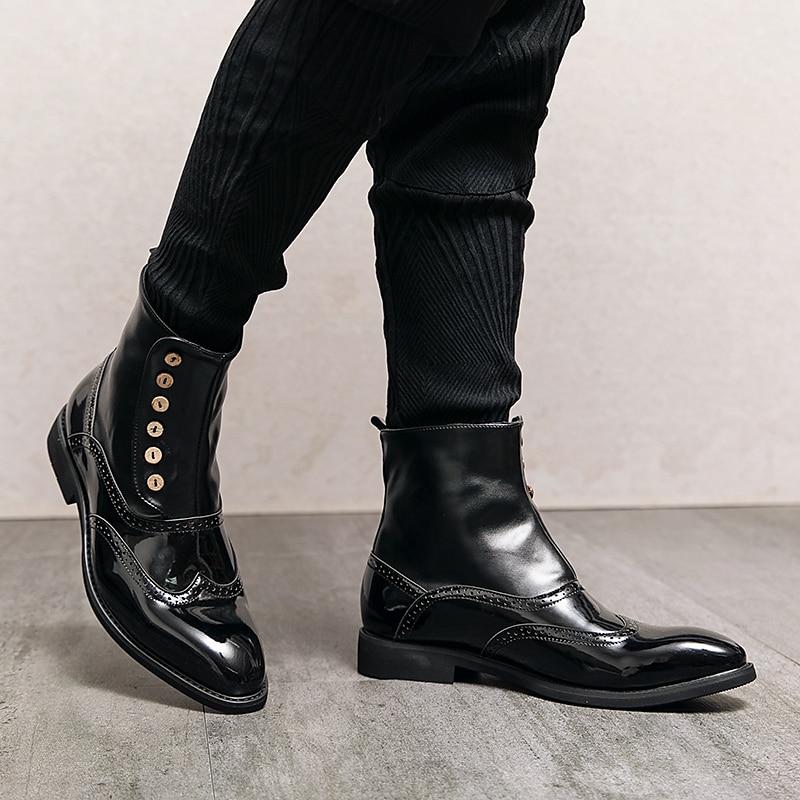 Men's Vintage Green Leather Button Boots - Stylish Wingtip Brogue Ankle Boots with Patent Leather Finish 2025 - GBP £44 –P2