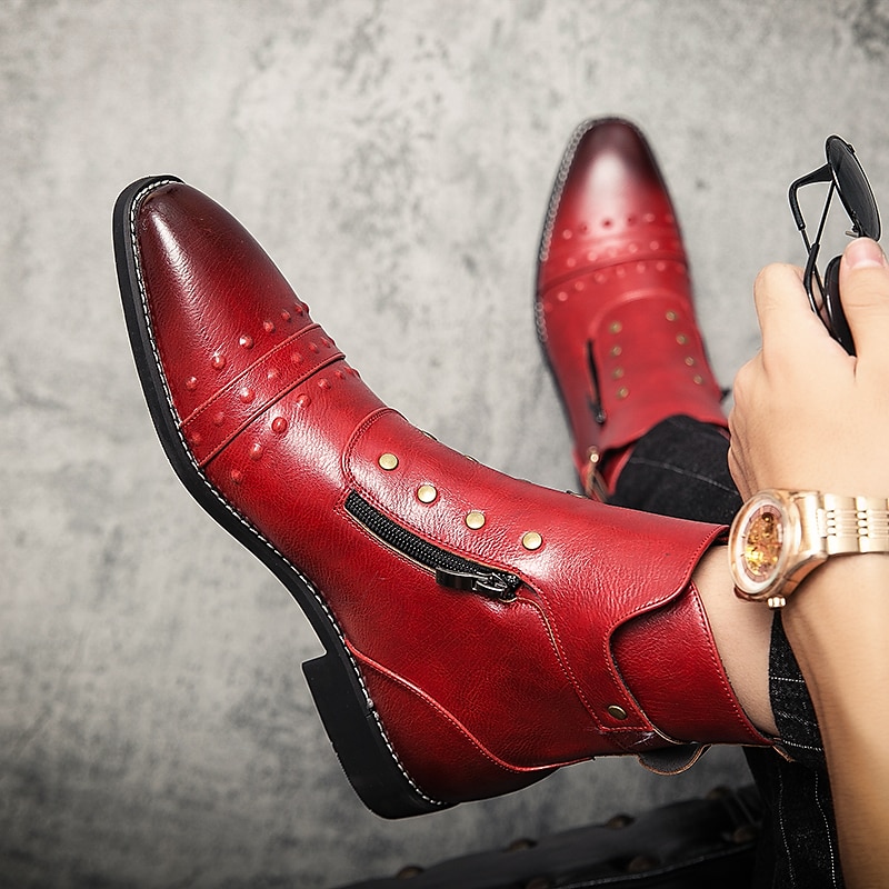 stivaletti da uomo in similpelle rossa – stile vintage con cerniera e dettagli borchiati, perfetti per la moda motociclistica e casual del 2025 a $79.99 –P9