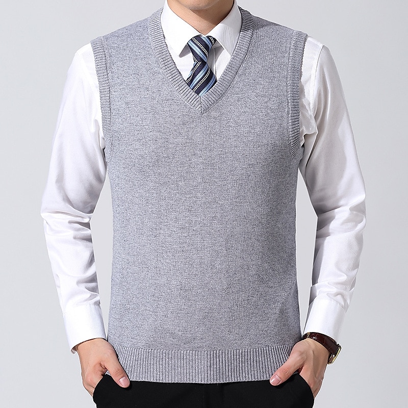 Men's Sweater Vest Dress Sweater Wool Sweater Pullover Sweater Jumper Ribbed Knit Knitted Solid Color V Neck Business Keep Warm Work Daily Wear Clothing Apparel Sleeveless Spring & Fall Camel Black 2025 - $27.99 –P5