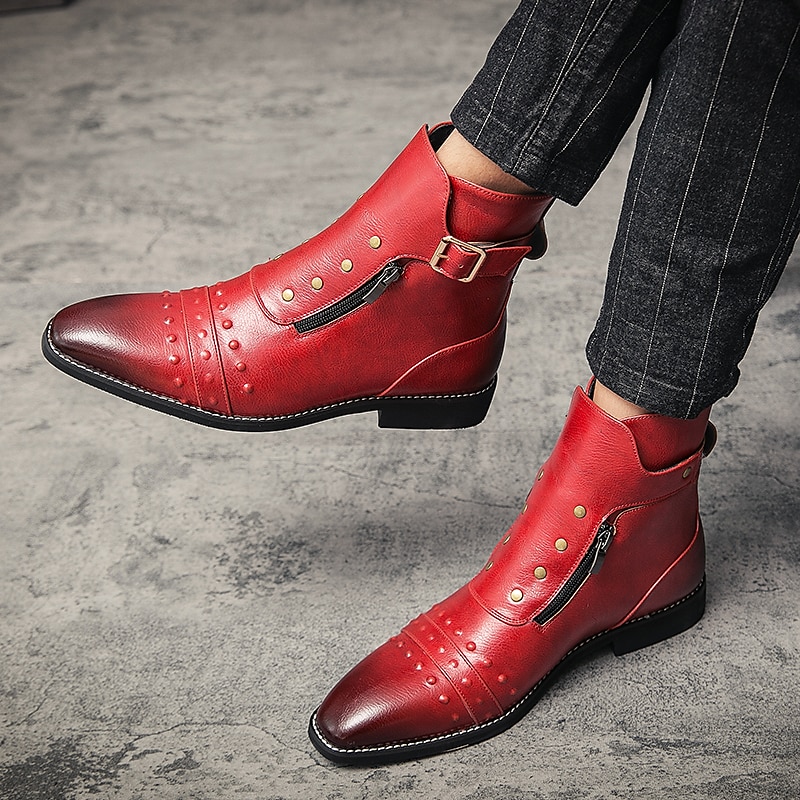 stivaletti da uomo in similpelle rossa – stile vintage con cerniera e dettagli borchiati, perfetti per la moda motociclistica e casual del 2025 a $79.99 –P10