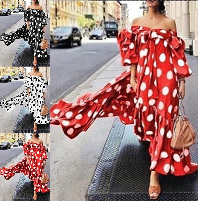 Women's Casual Dress Swing Dress Long Dress Maxi Dress Black Red Brown Sleeveless Polka Dot Print Fall Autumn Off Shoulder Loose Fit 2023 S M L XL XXL XXXL 4XL 5XL 2025 - $33.99 –P5