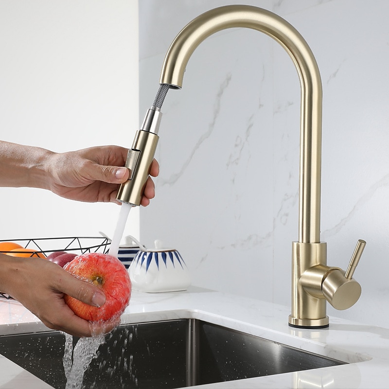 Mitigeur d'évier de cuisine en acier inoxydable avec pulvérisateur extractible, rotatif à 360 °, multifonction, robinet de cuisine à poignée unique, finition or brossé de 2025 ? $129.99 –P16