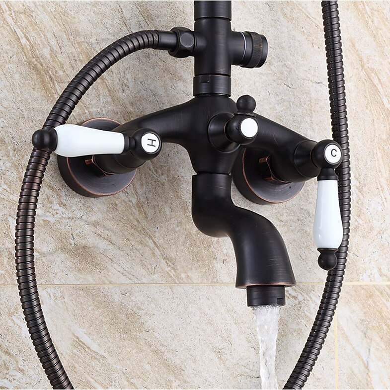 antikt duschsystem blandare combo set, 8" regndusch huvudsats med handdusch väggmonterad, mässing koppar svart elektropläterad finish vintage stil 2 handtag 3 håls badblandare med kroppssprayer 2025 - $372.59 –P14