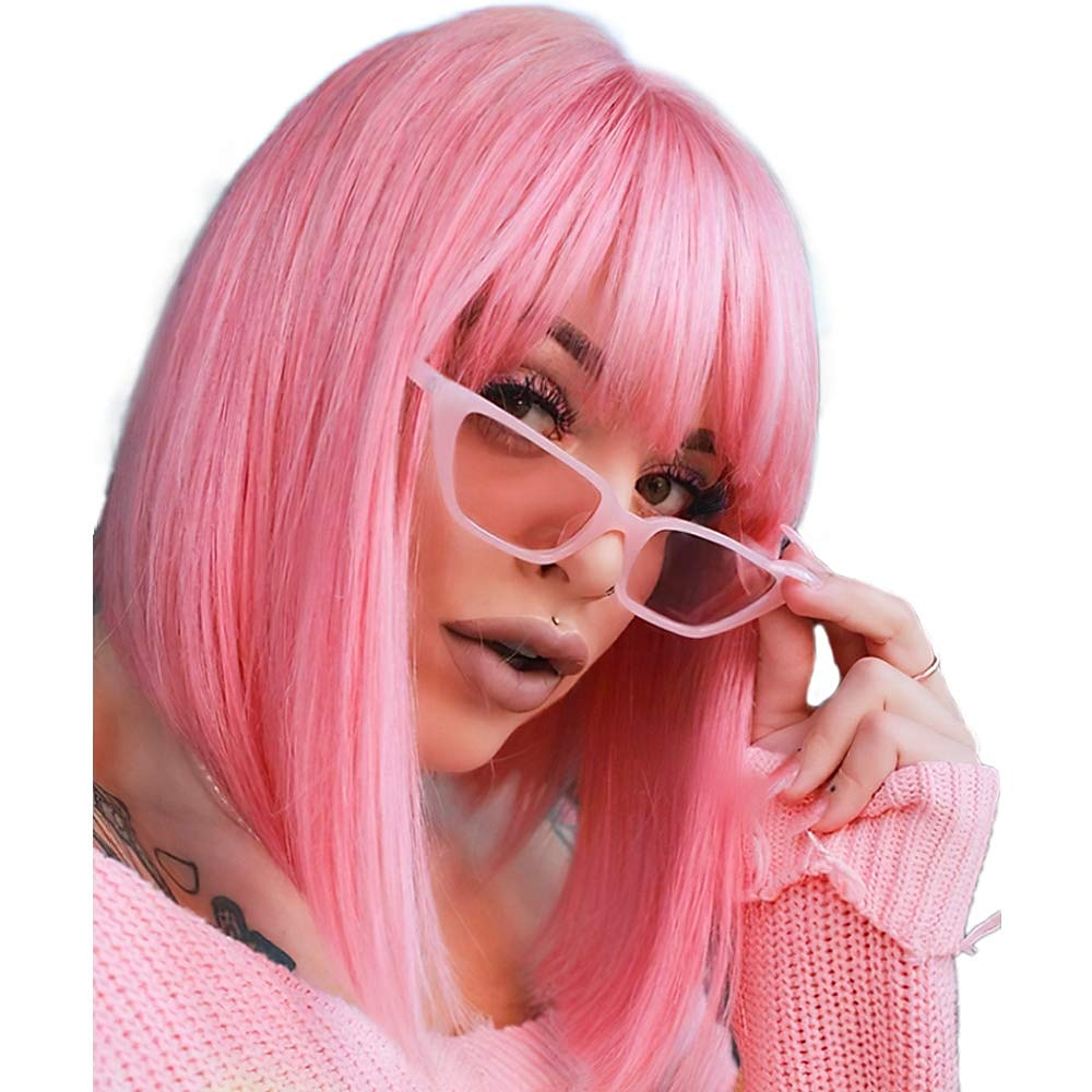 rosa bob parykker med smell 12 tommer korte rett bob parykker fargerik syntetisk cosplay daglig fest parykk for kvinner 2025 - $22.99 –P1