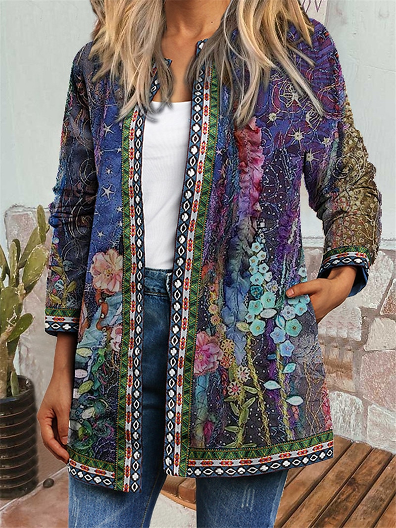 Women's Casual Jacket Fall Daily Holiday Winter Regular Coat Regular Fit Casual Baroque Jacket Long Sleeve Floral Print Blue 2023 - US $39.99 –P1