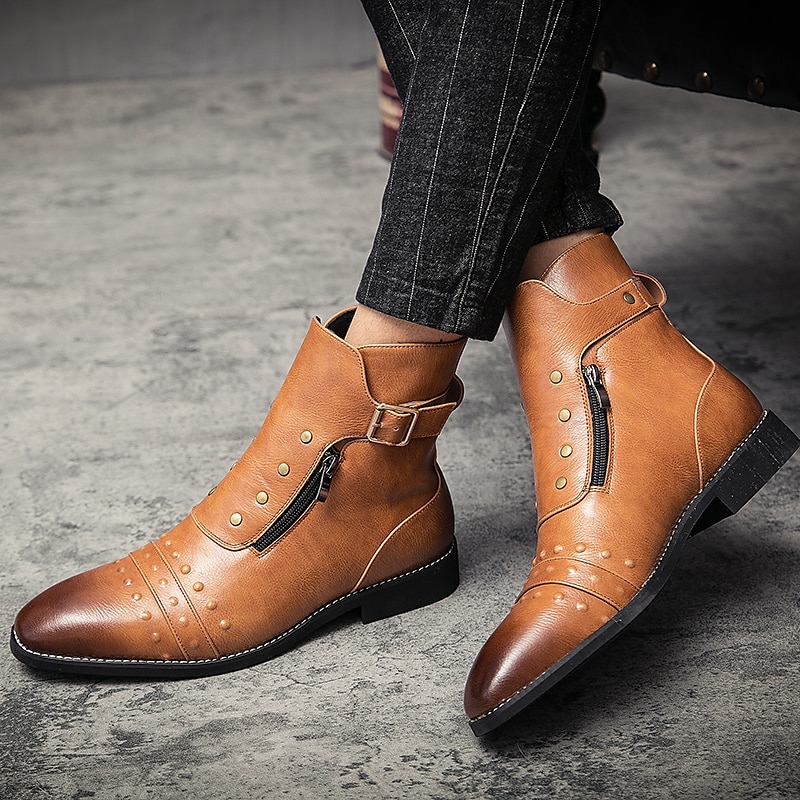 stivaletti da uomo in similpelle rossa – stile vintage con cerniera e dettagli borchiati, perfetti per la moda motociclistica e casual del 2025 a $79.99 –P4
