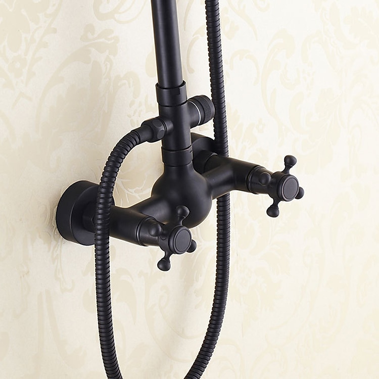 antikt duschsystem blandare combo set, 8" regndusch huvudsats med handdusch väggmonterad, mässing koppar svart elektropläterad finish vintage stil 2 handtag 3 håls badblandare med kroppssprayer 2025 - $372.59 –P7