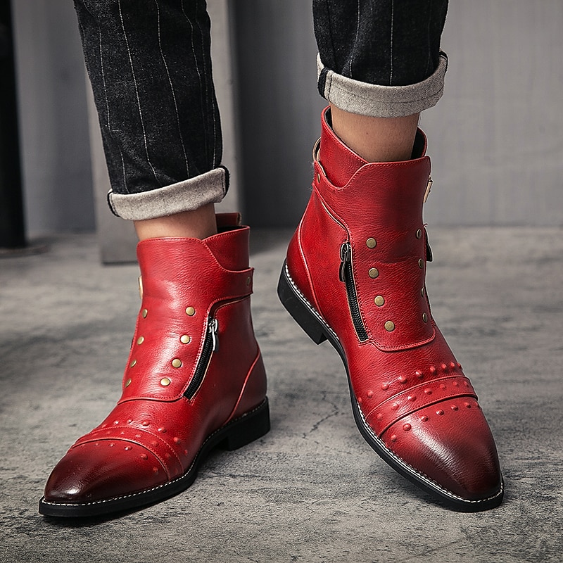 stivaletti da uomo in similpelle rossa – stile vintage con cerniera e dettagli borchiati, perfetti per la moda motociclistica e casual del 2025 a $79.99 –P13
