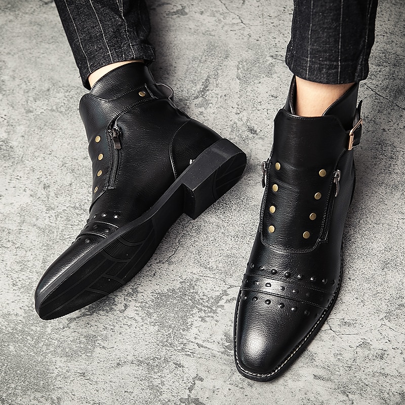 stivaletti da uomo in similpelle rossa – stile vintage con cerniera e dettagli borchiati, perfetti per la moda motociclistica e casual del 2025 a $79.99 –P19