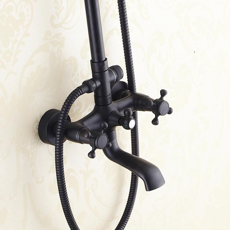 antikt duschsystem blandare combo set, 8" regndusch huvudsats med handdusch väggmonterad, mässing koppar svart elektropläterad finish vintage stil 2 handtag 3 håls badblandare med kroppssprayer 2025 - $372.59 –P5