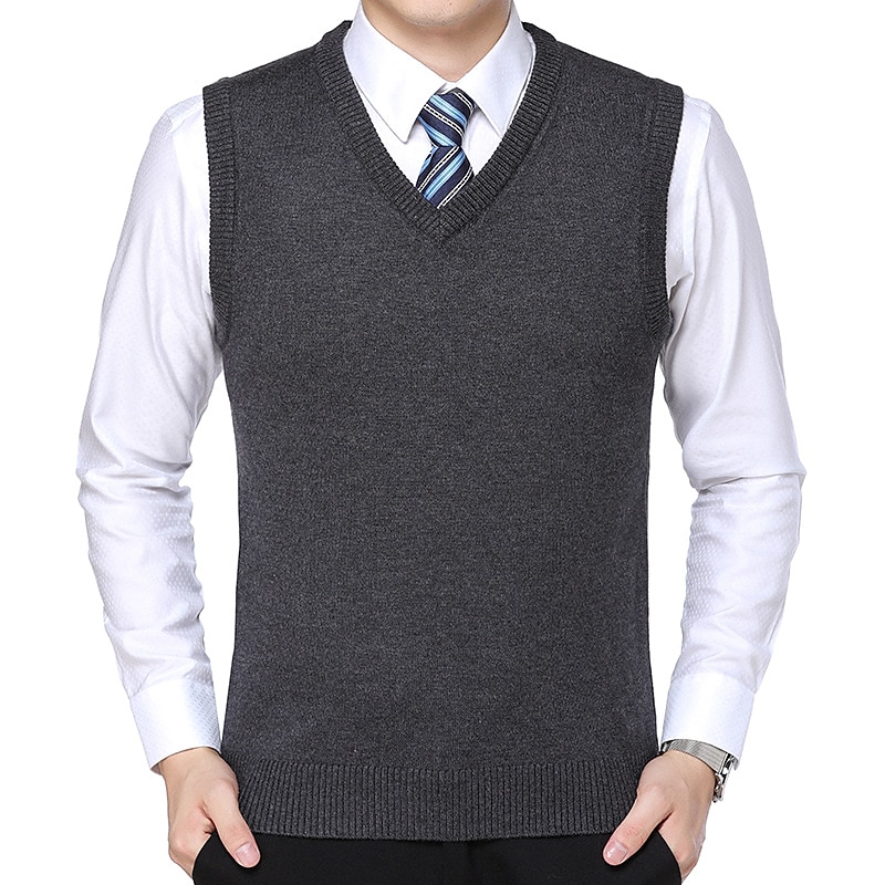 Men's Sweater Vest Dress Sweater Wool Sweater Pullover Sweater Jumper Ribbed Knit Knitted Solid Color V Neck Business Keep Warm Work Daily Wear Clothing Apparel Sleeveless Spring & Fall Camel Black 2025 - $27.99 –P8