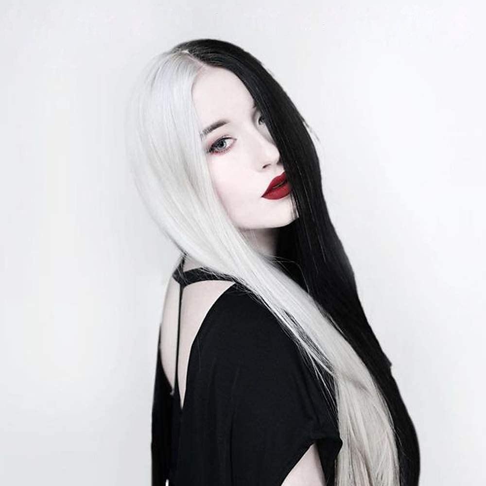 perruque de sorcière/sorcier perruque de cosplay perruque bouclée blanc / noir a1 a2 a3 a4 cheveux synthétiques design à la mode pour femme noir perruques d'Halloween de 2025 ? $23.99 –P6