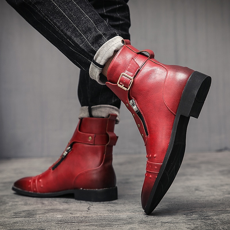 stivaletti da uomo in similpelle rossa – stile vintage con cerniera e dettagli borchiati, perfetti per la moda motociclistica e casual del 2025 a $79.99 –P14