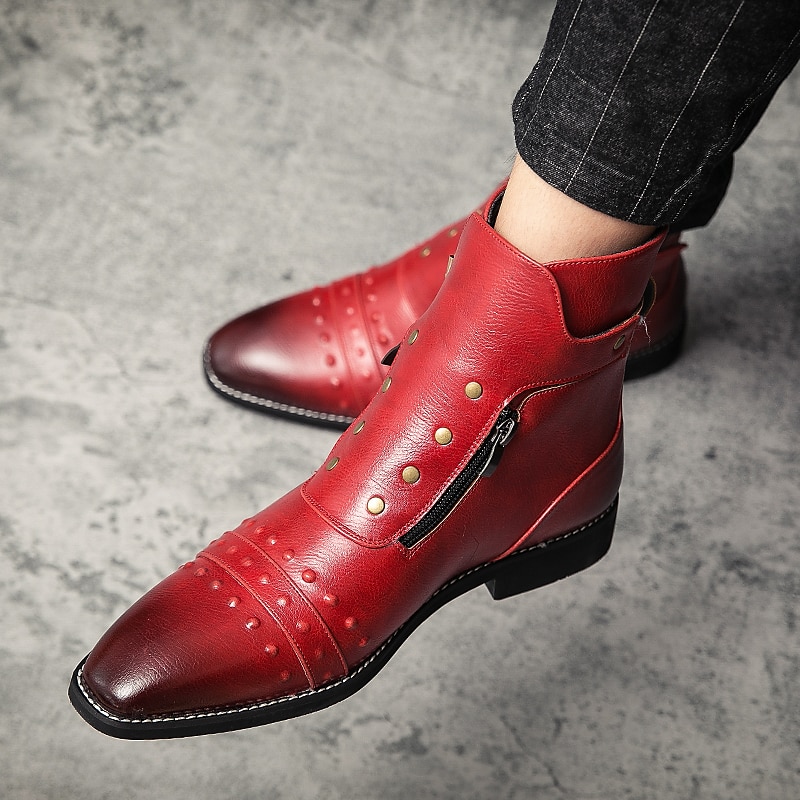 stivaletti da uomo in similpelle rossa – stile vintage con cerniera e dettagli borchiati, perfetti per la moda motociclistica e casual del 2025 a $79.99 –P8