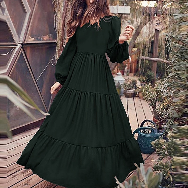 Mulheres Vestido Swing Vestido Longo Vestido Maxi Verde Escuro Marron Preto Manga Longa Cor imaculada Franzido Pregueado Patchwork Outono Primavera Decote V Boho Casual Vestido de outono Manga de 2025 por $33.99 –P8