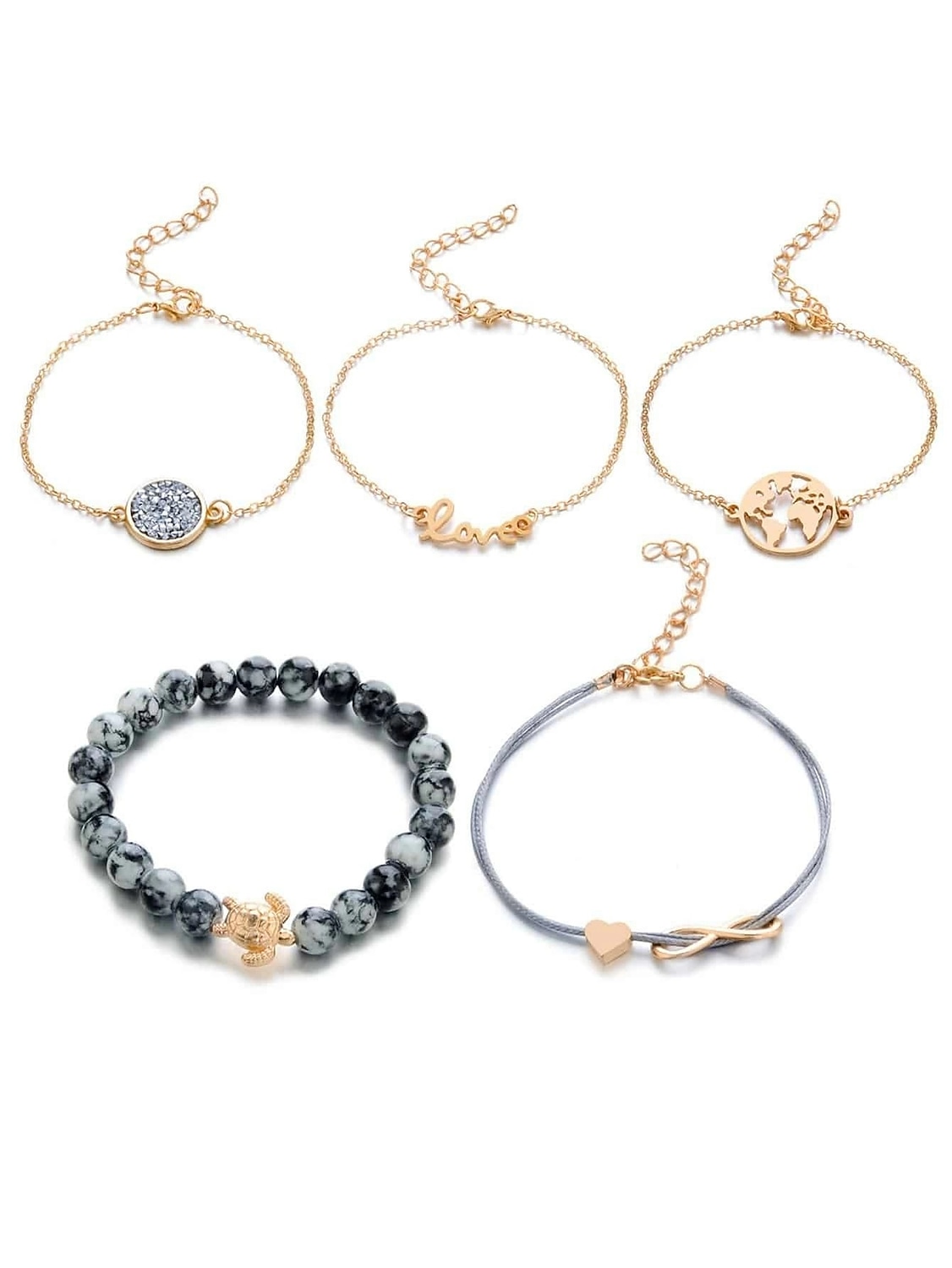 5kpl Naisten Ranneketjut Monitaso Kartat äärettömyys Muoti Yksilöllinen Yksinkertainen Tyylikäs Metalliseos Rannekorun korut Kulta Käyttötarkoitus Juhlat / Ilta Urheilu Pyhäpäivä Deitti Festivaali 2025 - $7.49 –P5