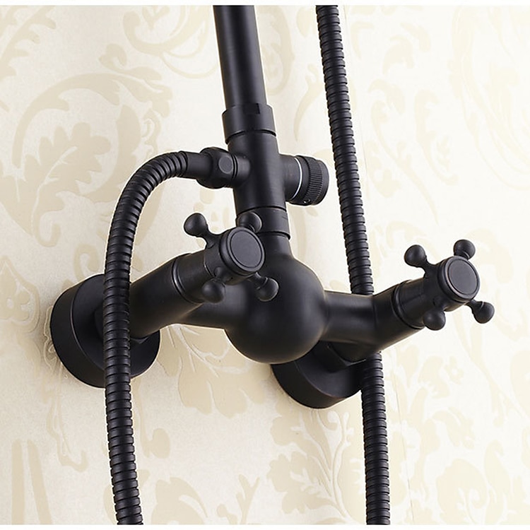 antikt duschsystem blandare combo set, 8" regndusch huvudsats med handdusch väggmonterad, mässing koppar svart elektropläterad finish vintage stil 2 handtag 3 håls badblandare med kroppssprayer 2025 - $372.59 –P9