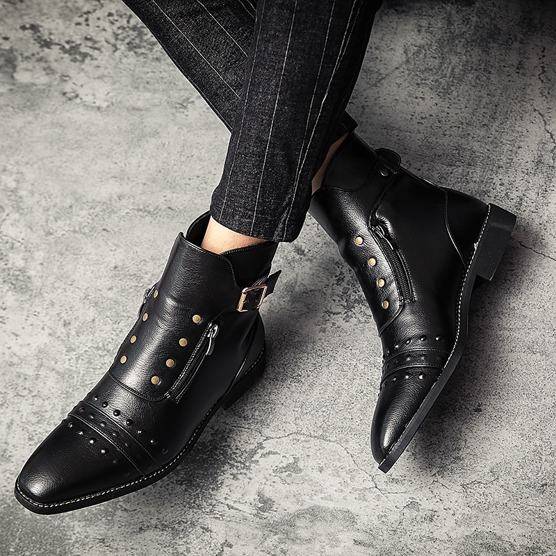 stivaletti da uomo in similpelle rossa – stile vintage con cerniera e dettagli borchiati, perfetti per la moda motociclistica e casual del 2025 a $79.99 –P20