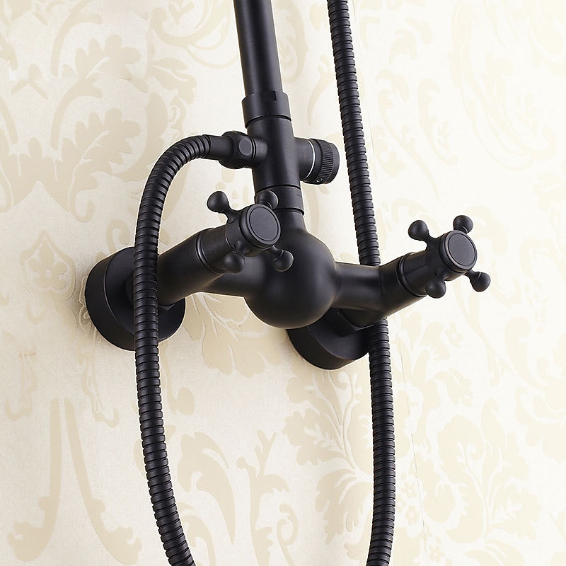 antikt duschsystem blandare combo set, 8" regndusch huvudsats med handdusch väggmonterad, mässing koppar svart elektropläterad finish vintage stil 2 handtag 3 håls badblandare med kroppssprayer 2025 - $372.59 –P8