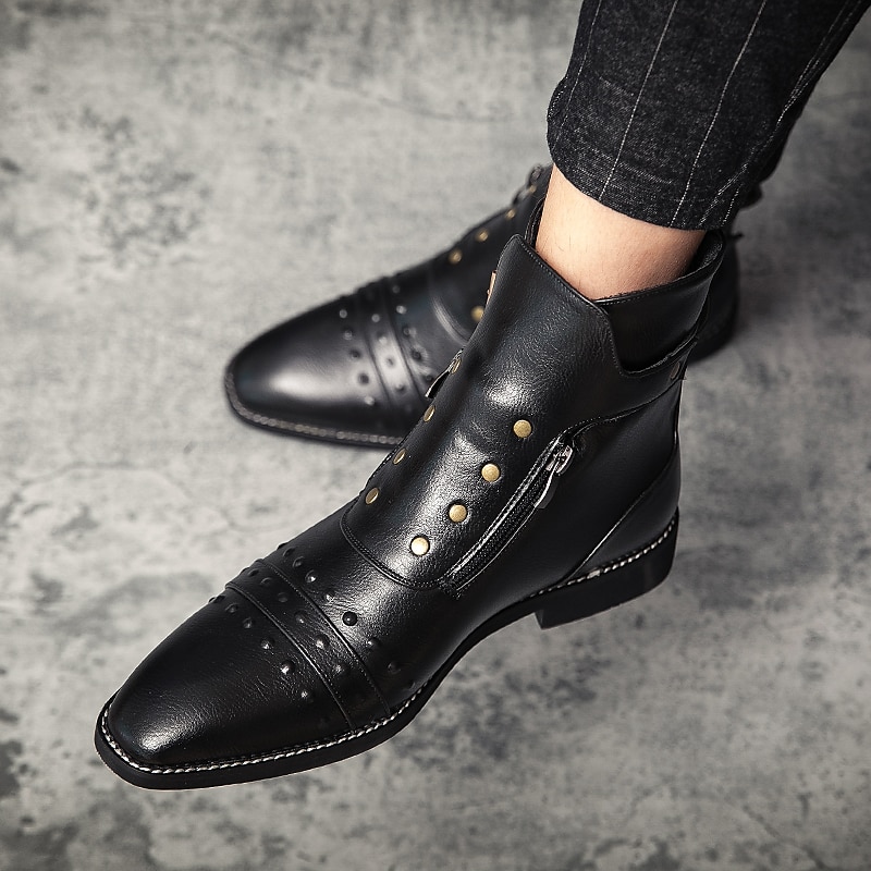 stivaletti da uomo in similpelle rossa – stile vintage con cerniera e dettagli borchiati, perfetti per la moda motociclistica e casual del 2025 a $79.99 –P16