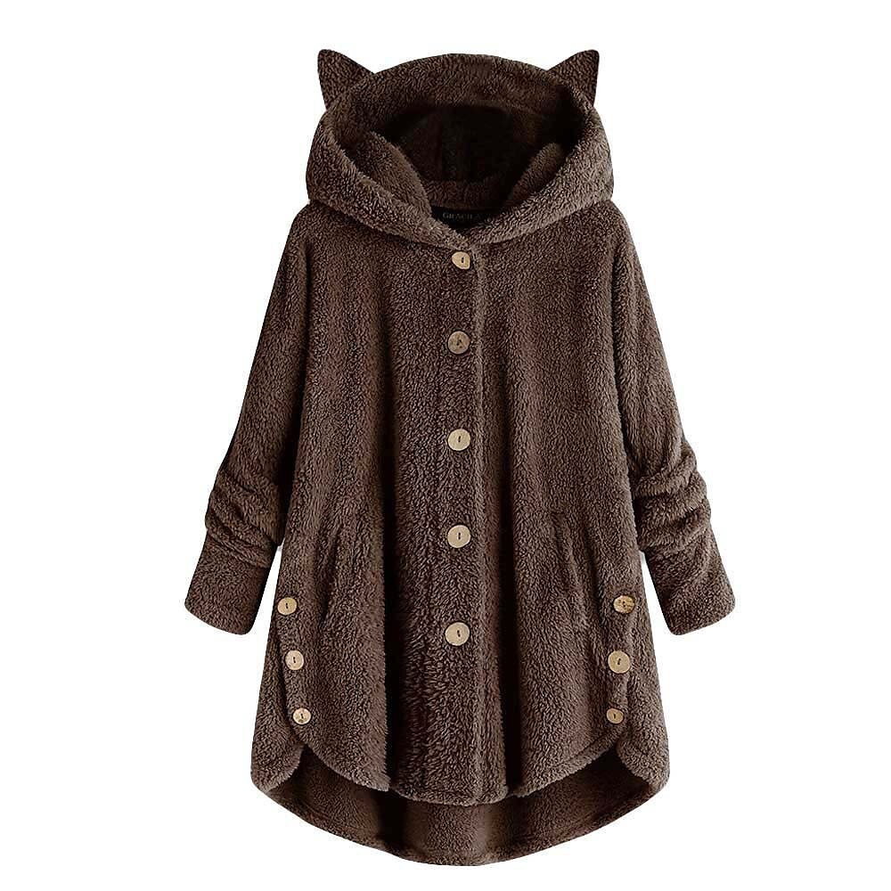 Damen Übergroße Feste Farbe Warm Teddy Fuzzy Langarm Kapuzenpullover Lange Oberteile Strasse Casual Knopf Tasche Schwarz Gelb Rosa Wein Kaffee Herbst Winter 2025 - $19.99 –P4