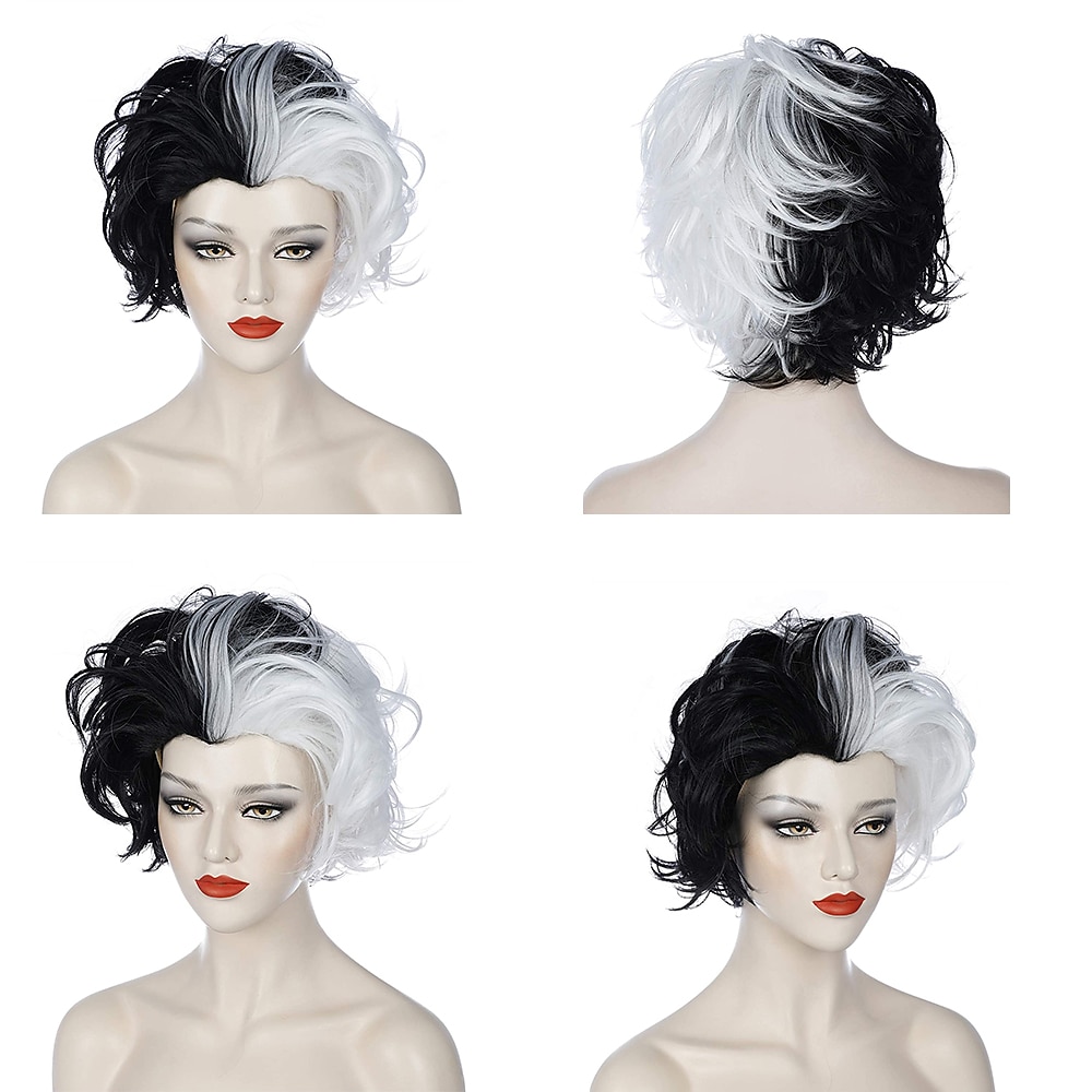 perucă gotică cruella deville perucă cosplay peruci alb-negru pentru femei perucă scurtă și ondulată cu păr ondulat peruci sintetice drăguțe pentru petrecere peruci de halloween 2025 - €19.84 –P3