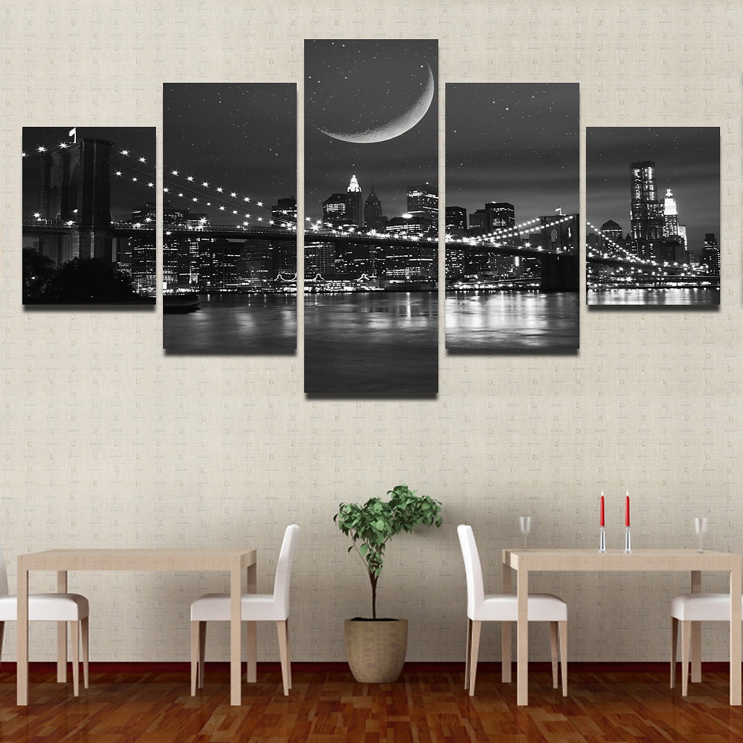 5 panneaux toile imprimée tableau déco art mural affiches/image  nuit pont paysage urbain horizon décoration de la maison décor toile roulée sans cadre sans cadre non étiré de 2026 ? $23.99 –P3