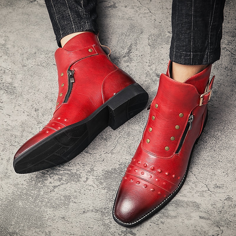 stivaletti da uomo in similpelle rossa – stile vintage con cerniera e dettagli borchiati, perfetti per la moda motociclistica e casual del 2025 a $79.99 –P11