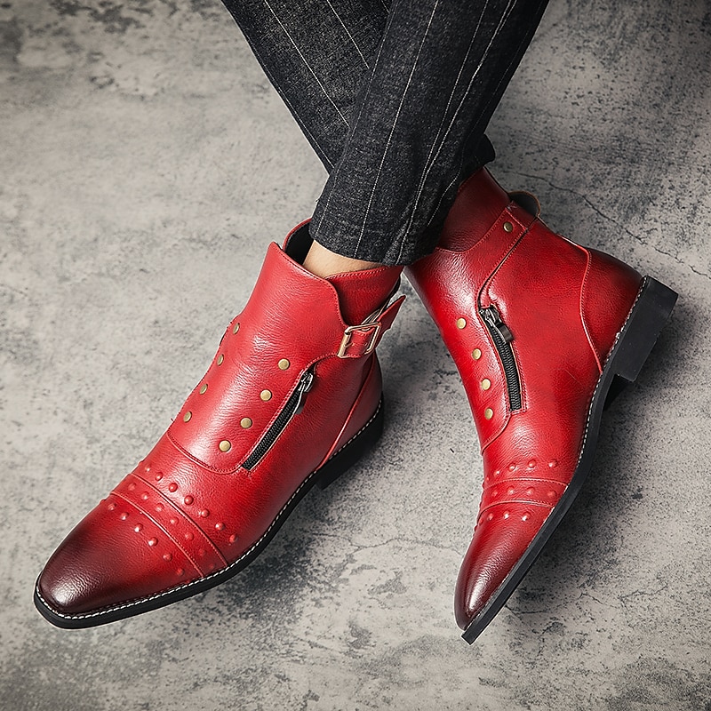 stivaletti da uomo in similpelle rossa – stile vintage con cerniera e dettagli borchiati, perfetti per la moda motociclistica e casual del 2025 a $79.99 –P12