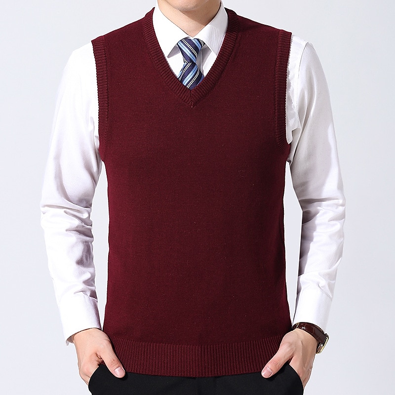 Men's Sweater Vest Dress Sweater Wool Sweater Pullover Sweater Jumper Ribbed Knit Knitted Solid Color V Neck Business Keep Warm Work Daily Wear Clothing Apparel Sleeveless Spring & Fall Camel Black 2025 - $27.99 –P7