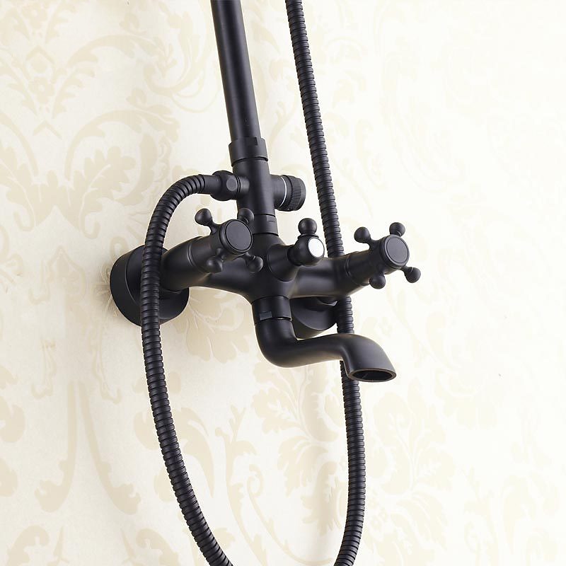 antikt duschsystem blandare combo set, 8" regndusch huvudsats med handdusch väggmonterad, mässing koppar svart elektropläterad finish vintage stil 2 handtag 3 håls badblandare med kroppssprayer 2025 - $372.59 –P4
