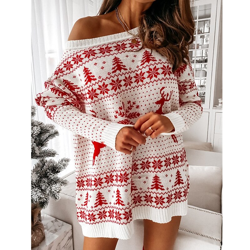 Women's Christmas Sweater Dress Round Neck Long Sleeve Red Ethnic