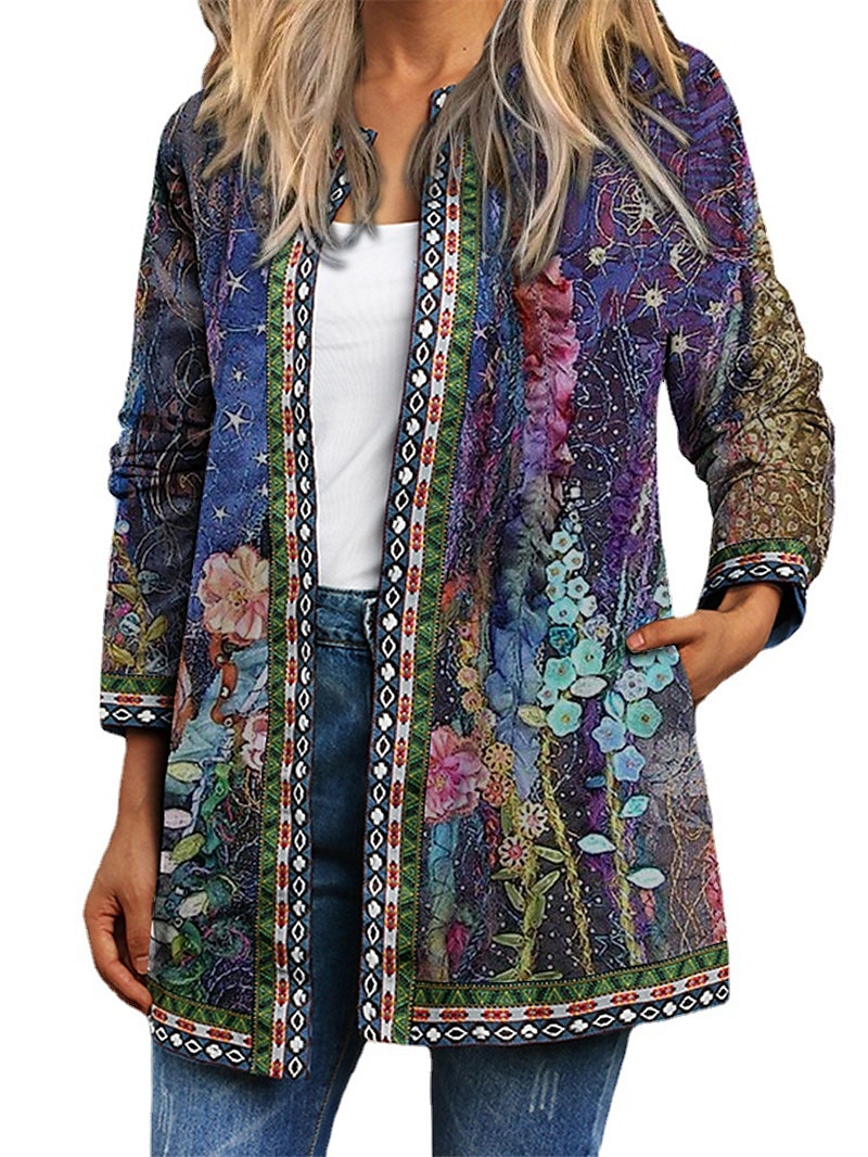 Women's Casual Jacket Fall Daily Holiday Winter Regular Coat Regular Fit Casual Baroque Jacket Long Sleeve Floral Print Blue 2023 - US $39.99 –P2